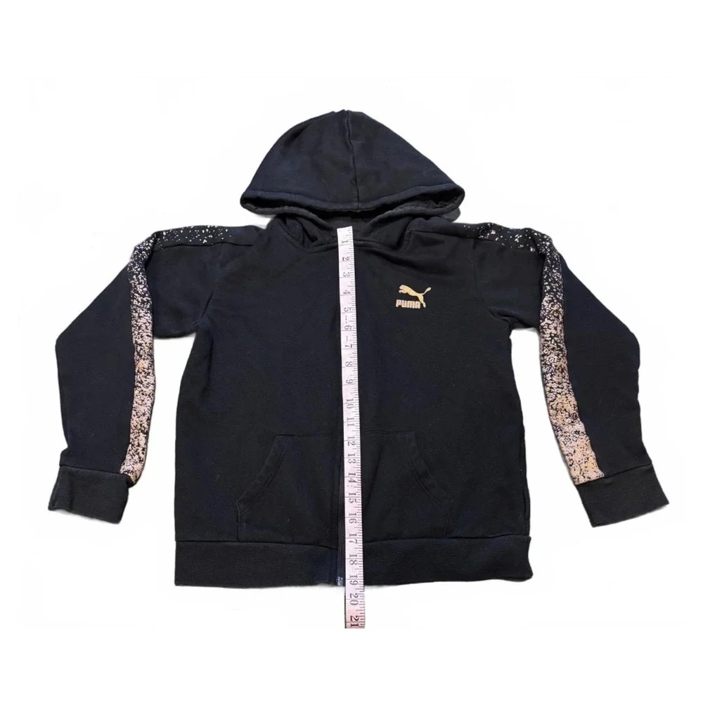 PUMA Kids XL(16) Full Zip Hoodie Black Gold Accents Sporty Athleisure Sweatshirt